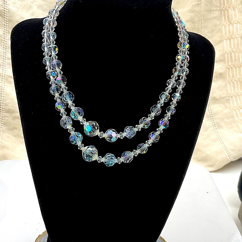 Vintage 14” 1930’s Double Strand Glass Aurora Borealis Crystal Beaded Necklace